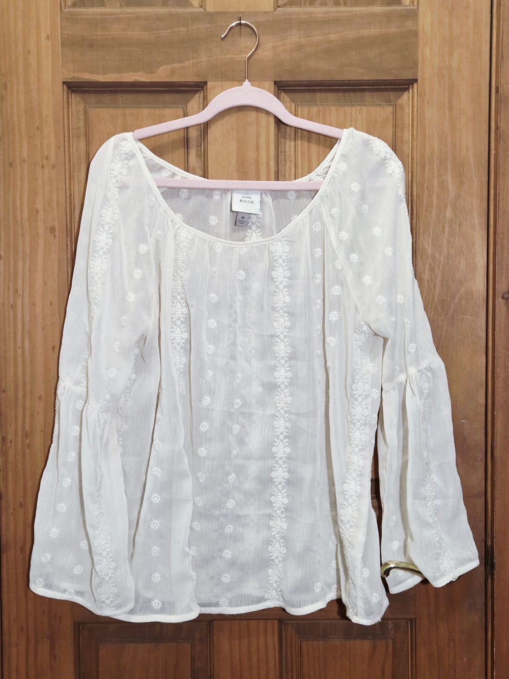 Knox Rose Women's White Embroidered Sheer Peasant Blouse